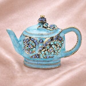 Blue Teapot Gold Crystal Brooch